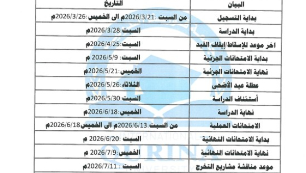 إعلان الخطة الدراسية – فصل الربيع 2026
